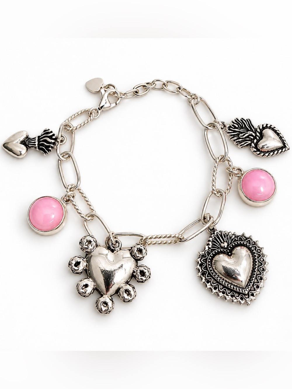 Sterling Silver Pink Charm Bracelet with Heart Pendants